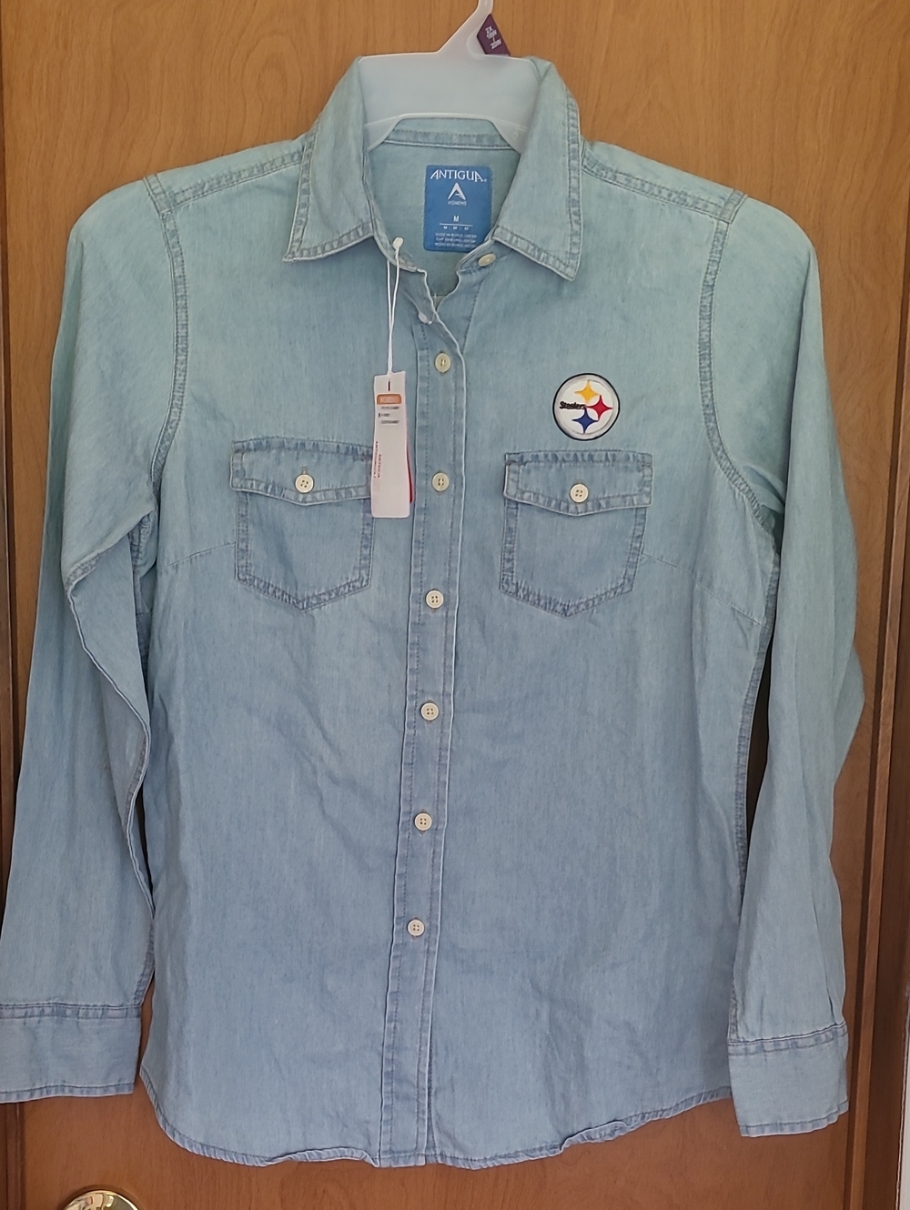 Antigua Light Blue Denim Button-Up Shirt with Team Patch